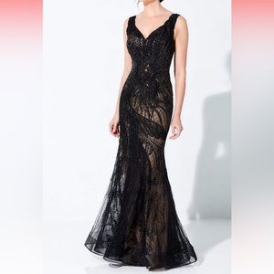 Ivonne D elegant beaded black gown with nude underlay. New with tags!